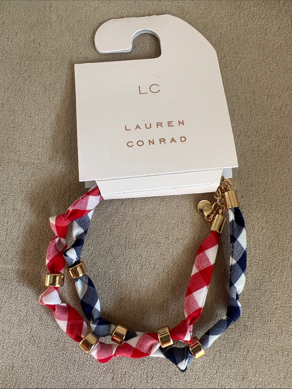 NWT LC Lauren Conrad Red and Navy Gingham Braided Bracelet Duo with Gold Accents